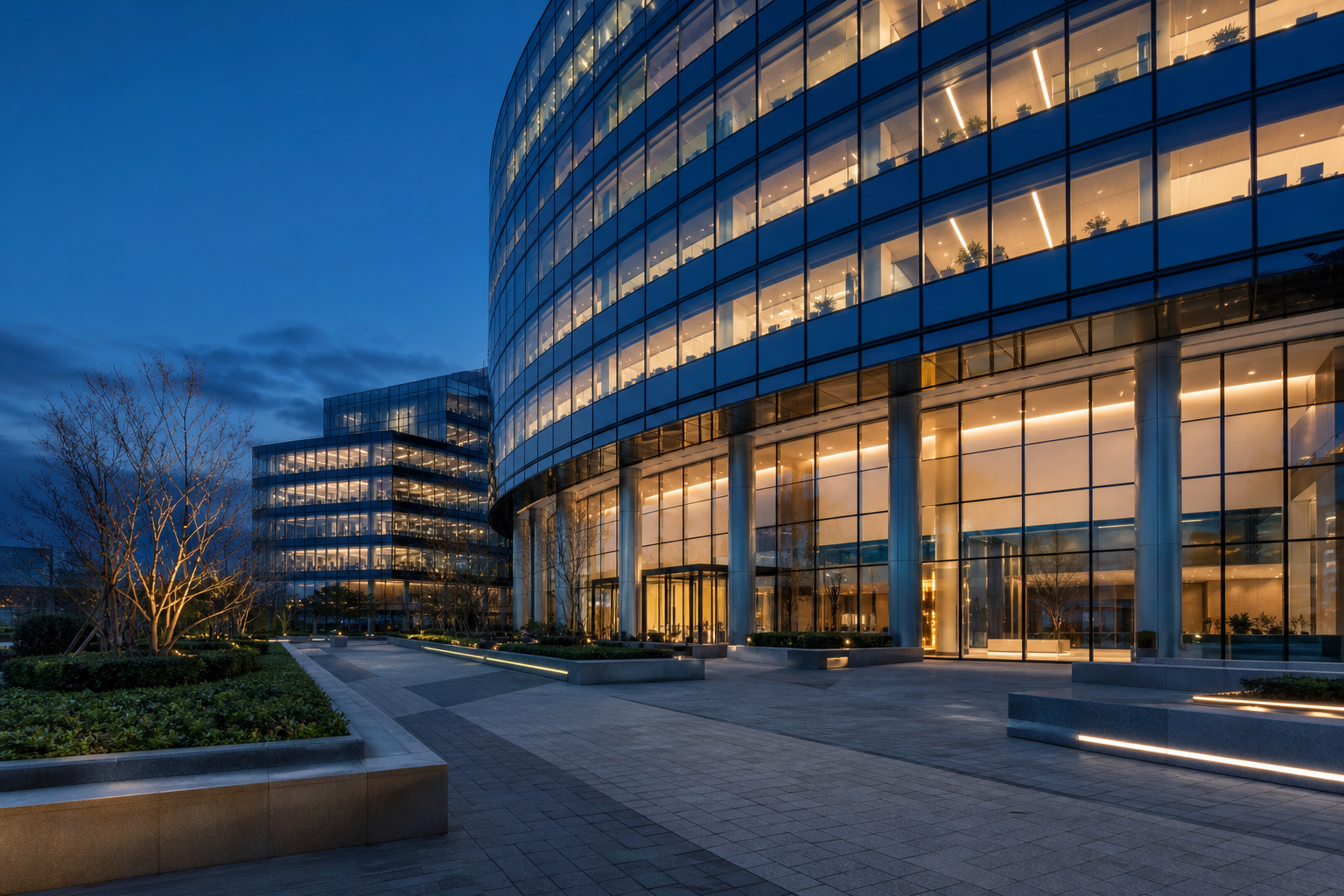 Class-A commercial building at blue hour